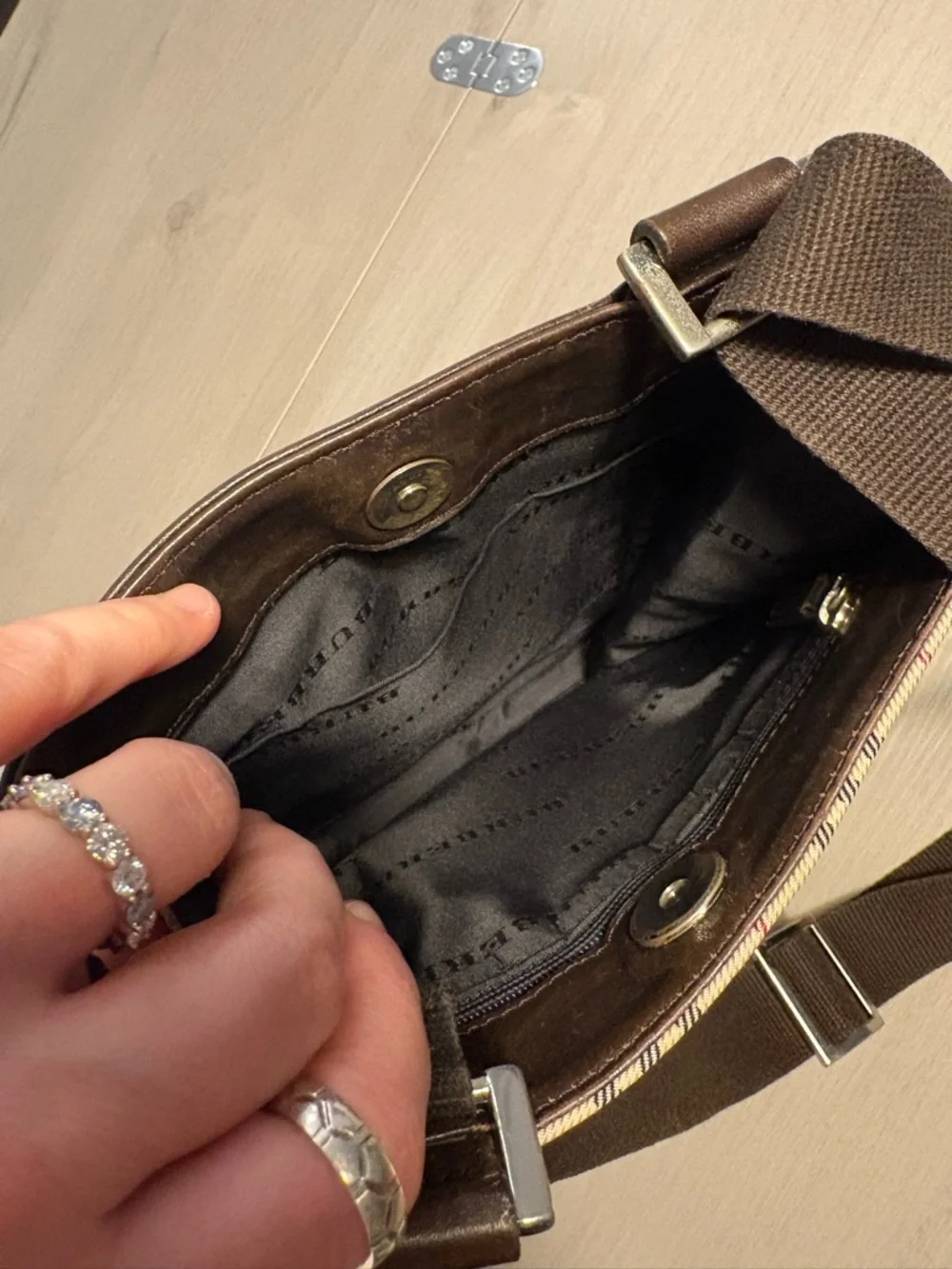 Burberry Beige Black Red Plaid Messenger Bag with Brown Strap